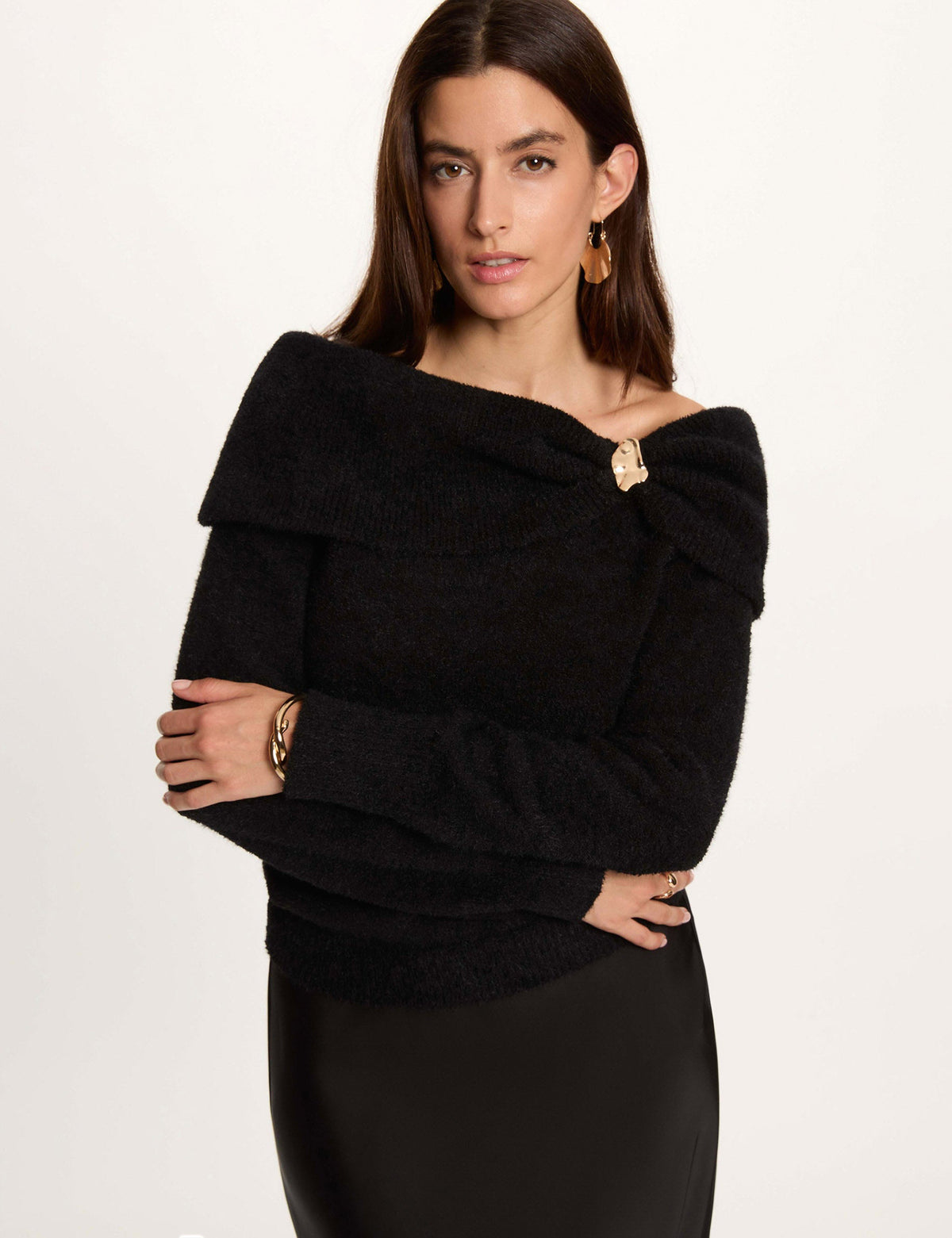 Pull col bardot noir femme - 1