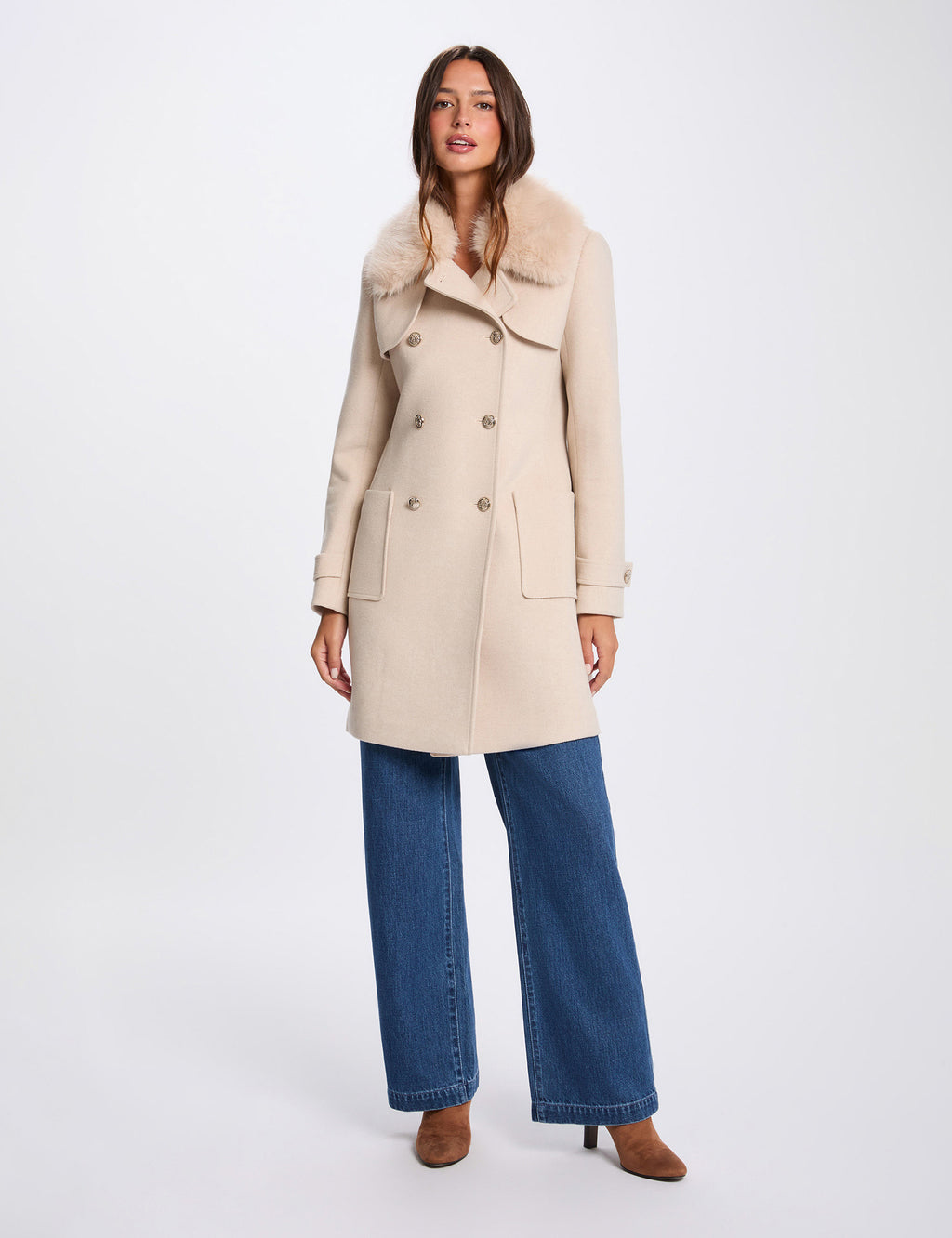 Manteau droit col fourrure beige femme - 1