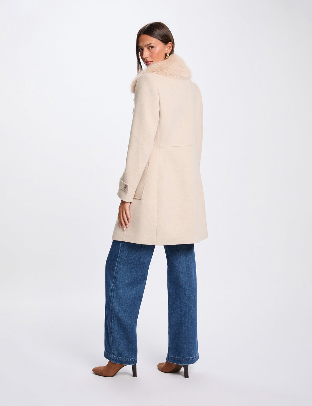 Manteau droit col fourrure beige femme - 2