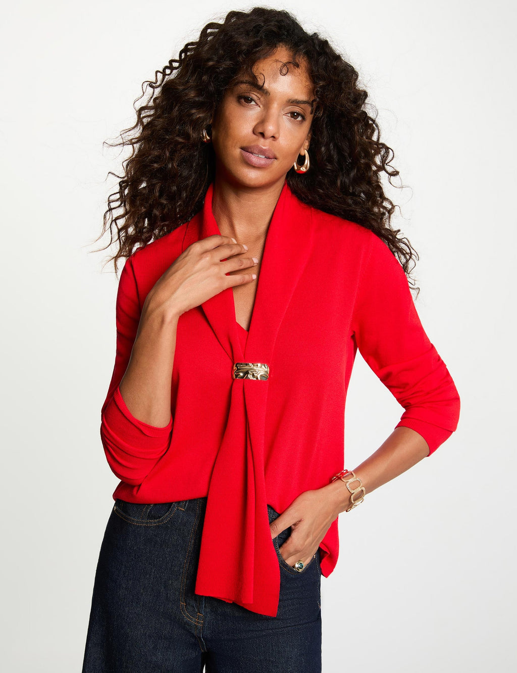 Pull col châle rouge femme - 1